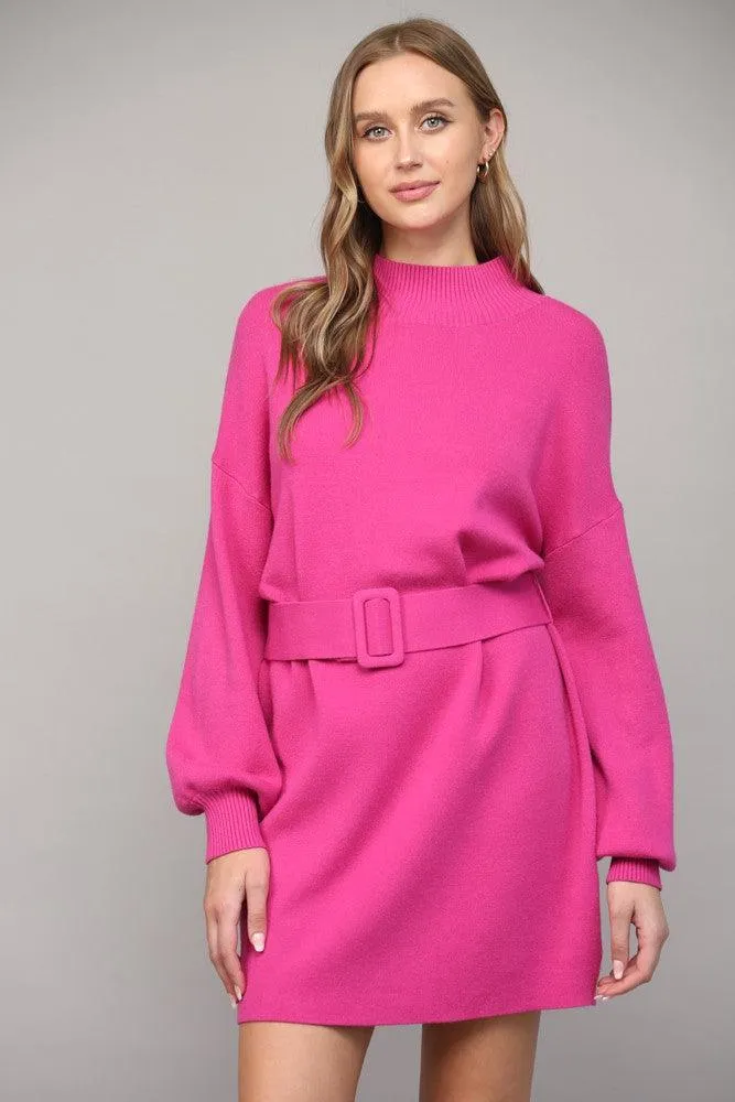 mock neck belted sweater dress