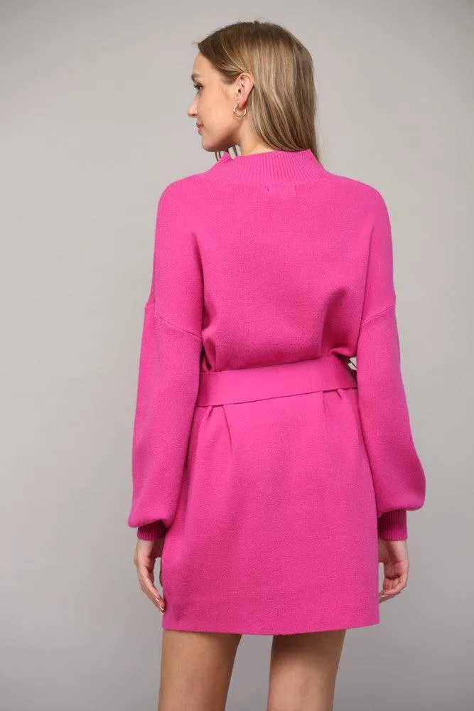 mock neck belted sweater dress