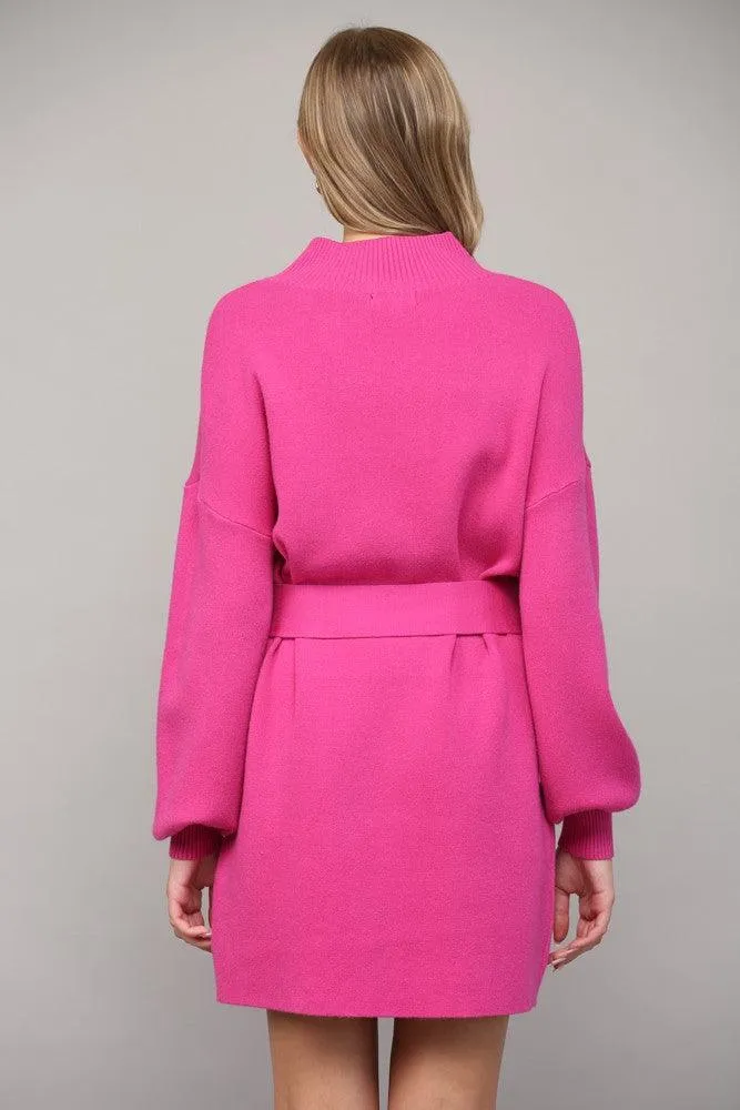 mock neck belted sweater dress