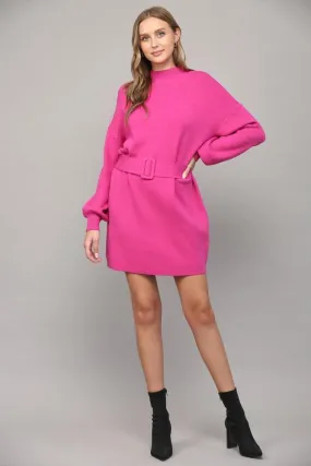 mock neck belted sweater dress