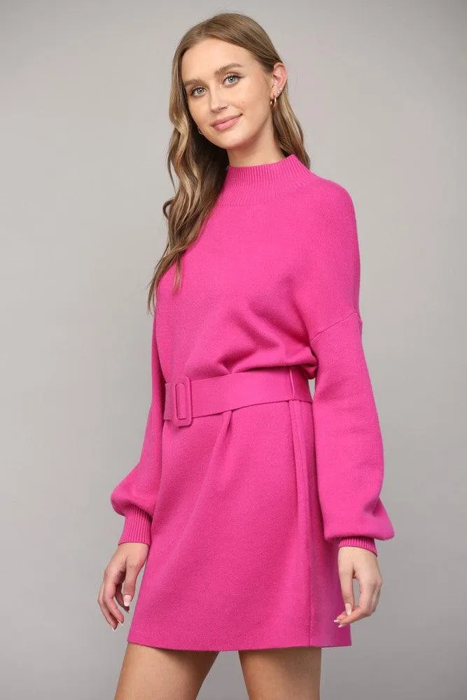 mock neck belted sweater dress