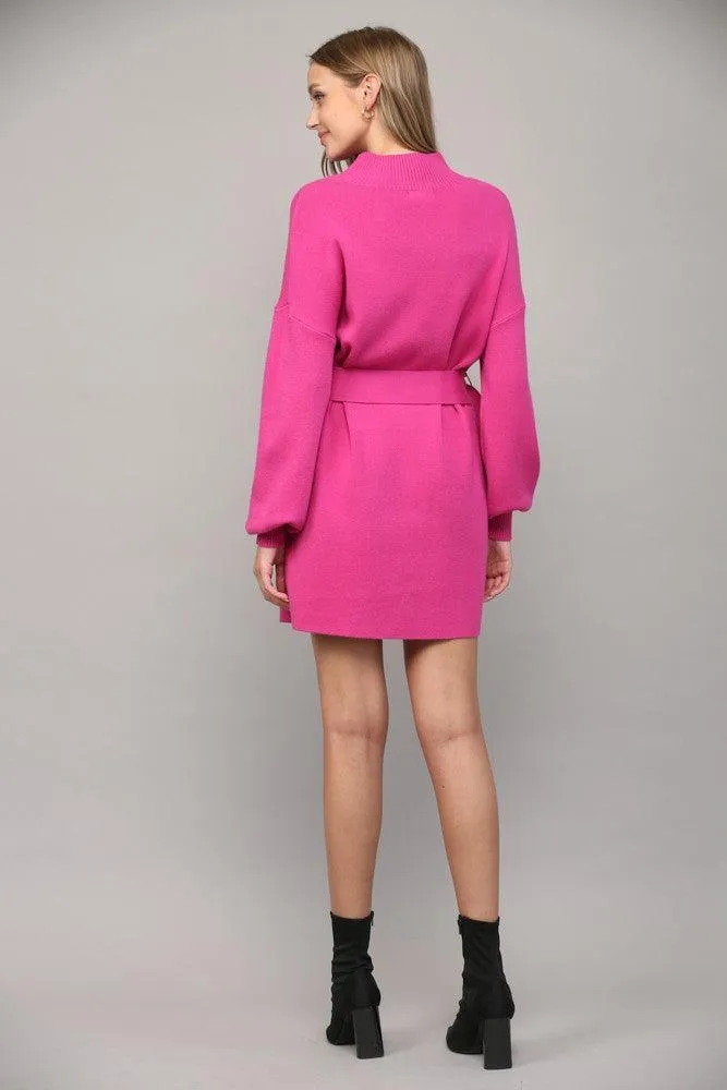 mock neck belted sweater dress