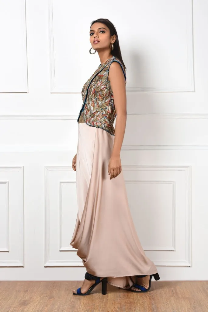 Multi Color Hand Embroidered Jacket With Draped Skirt