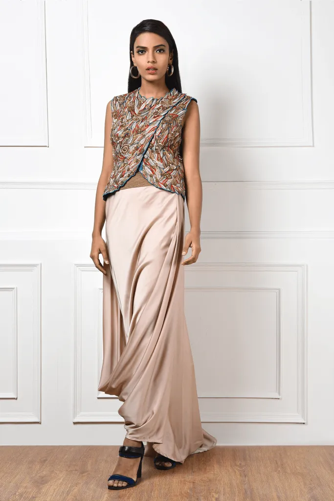 Multi Color Hand Embroidered Jacket With Draped Skirt