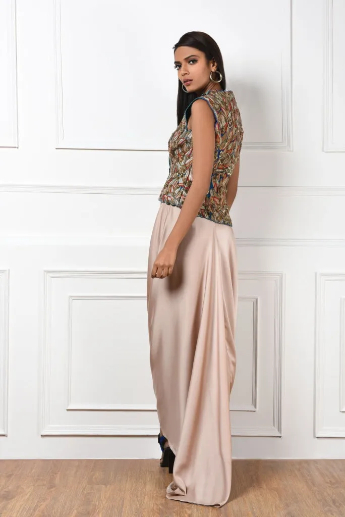 Multi Color Hand Embroidered Jacket With Draped Skirt