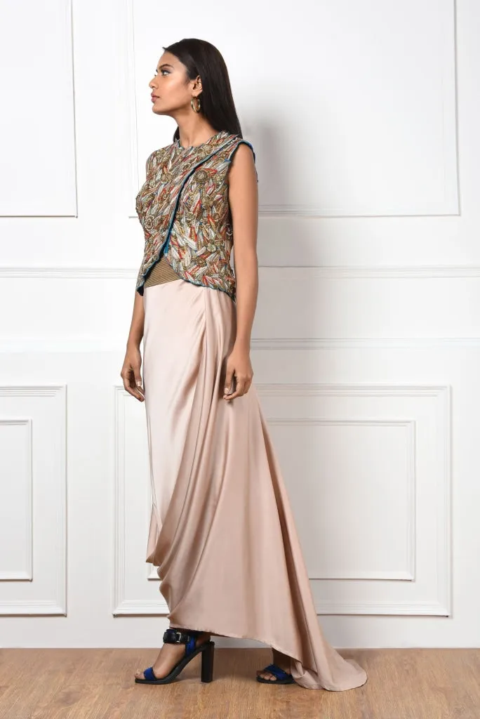 Multi Color Hand Embroidered Jacket With Draped Skirt