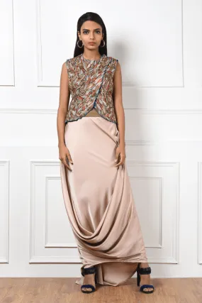 Multi Color Hand Embroidered Jacket With Draped Skirt
