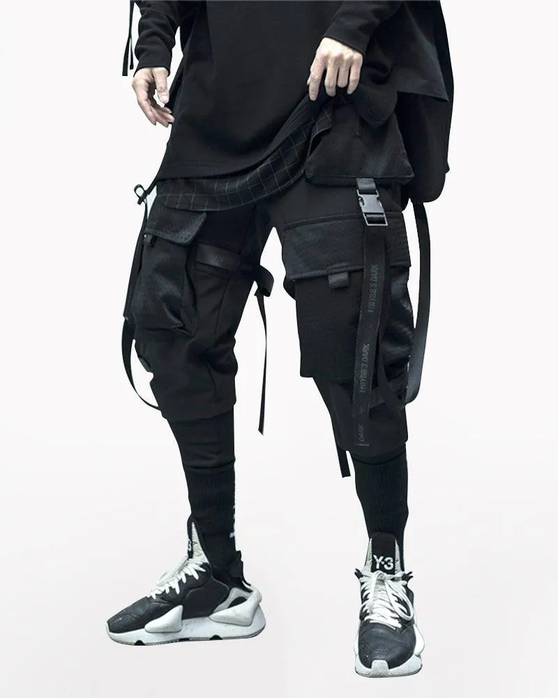 Ninja Techwear Black Multi-Pocket Ribbon Cargo Pants