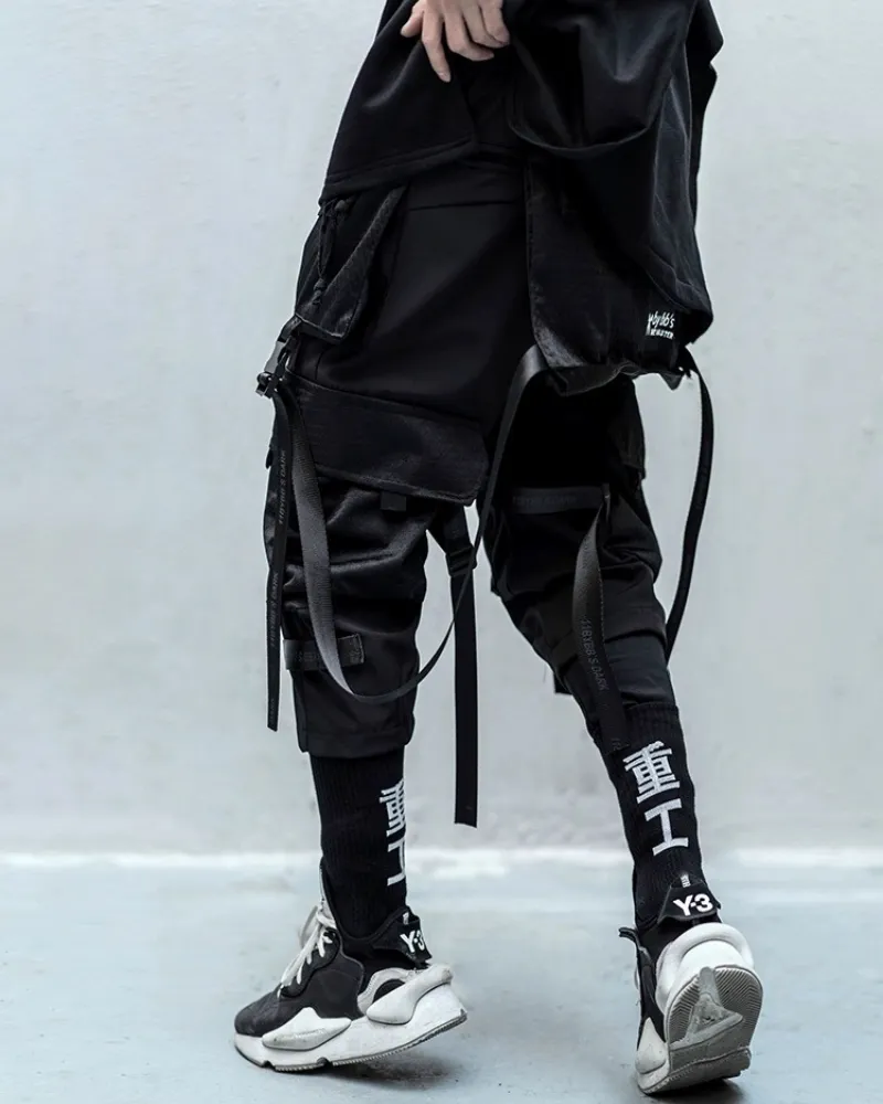 Ninja Techwear Black Multi-Pocket Ribbon Cargo Pants