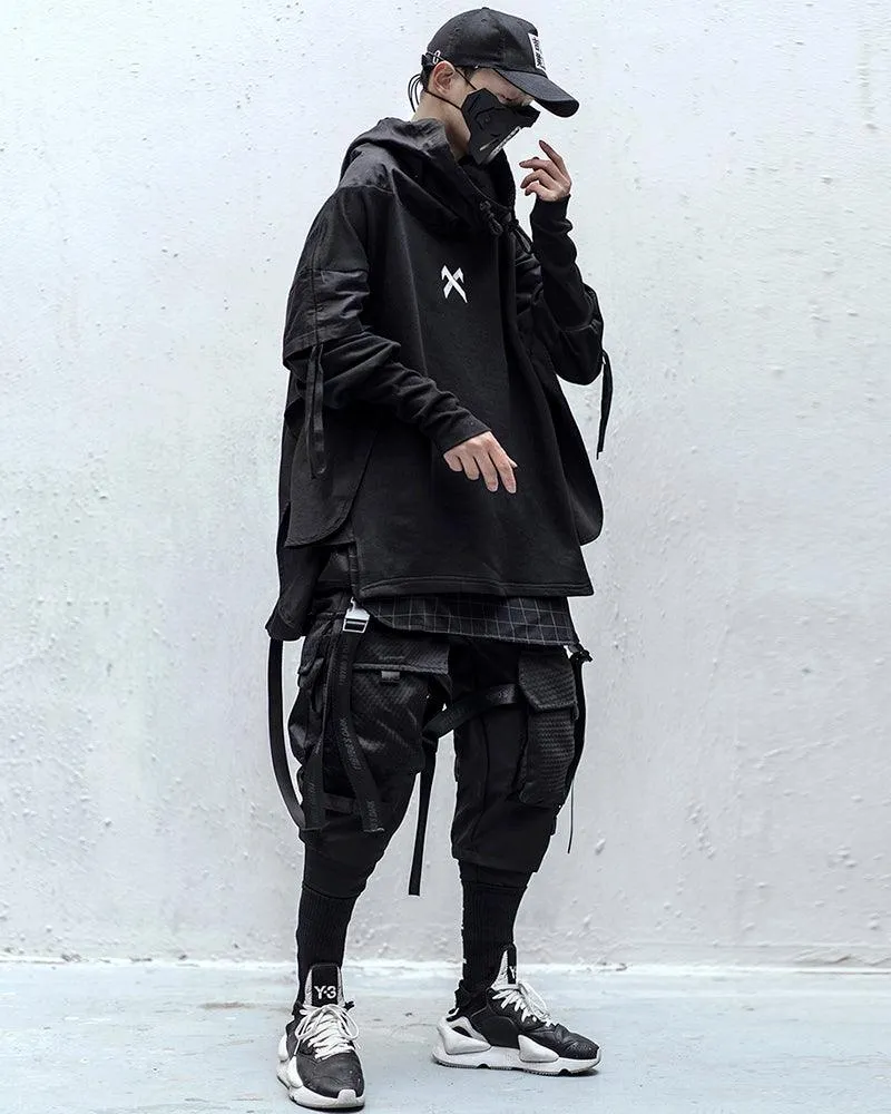 Ninja Techwear Black Multi-Pocket Ribbon Cargo Pants