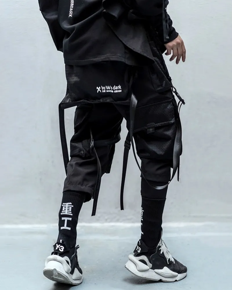 Ninja Techwear Black Multi-Pocket Ribbon Cargo Pants
