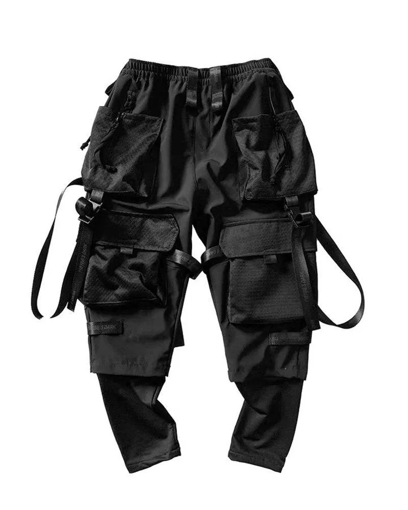 Ninja Techwear Black Multi-Pocket Ribbon Cargo Pants