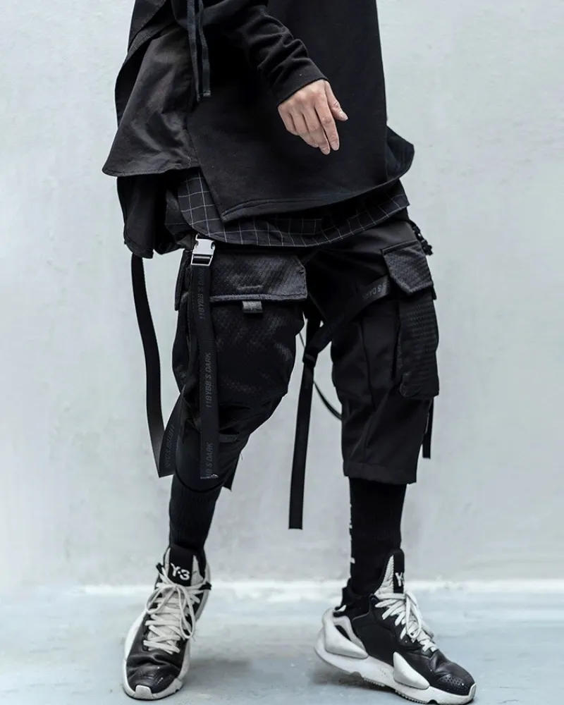 Ninja Techwear Black Multi-Pocket Ribbon Cargo Pants