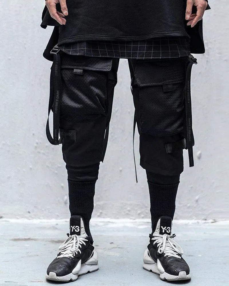 Ninja Techwear Black Multi-Pocket Ribbon Cargo Pants