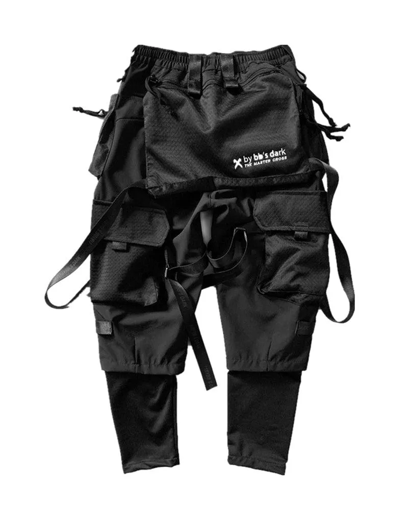 Ninja Techwear Black Multi-Pocket Ribbon Cargo Pants