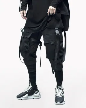 Ninja Techwear Black Multi-Pocket Ribbon Cargo Pants