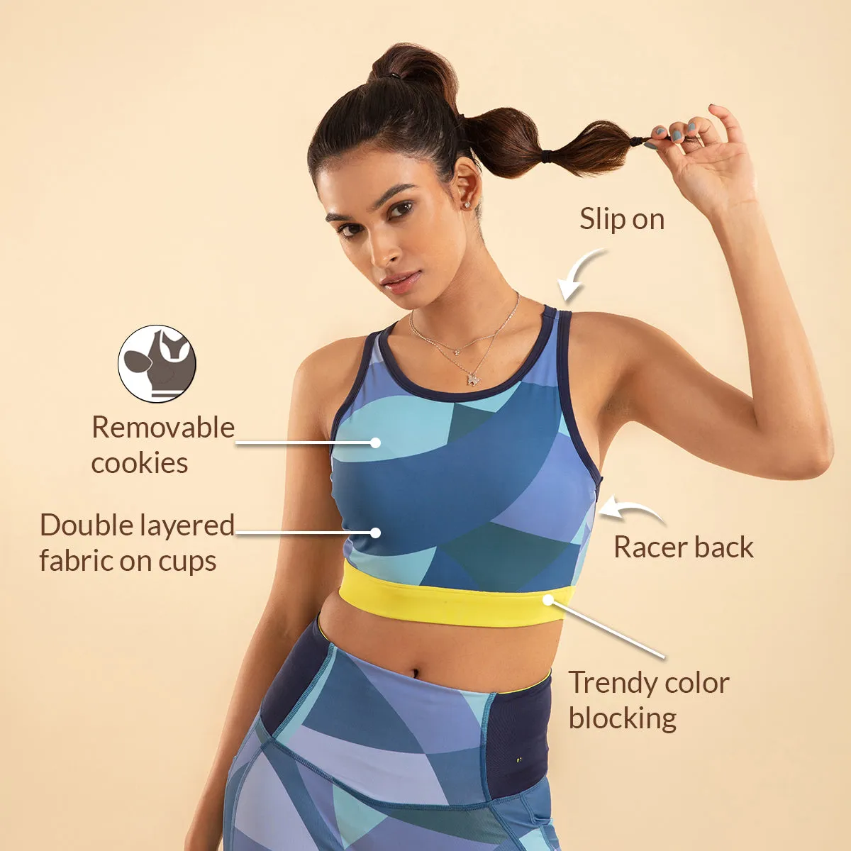 Nykd All Day Low impact Crop top Bra-NYK112-Abstract print   Peacoat Navy   Lime
