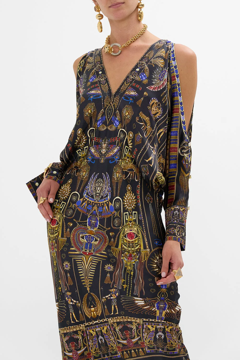 PLUNGE NECK DRAPED SHOULDER DRESS CARTOUCHE KINGDOM