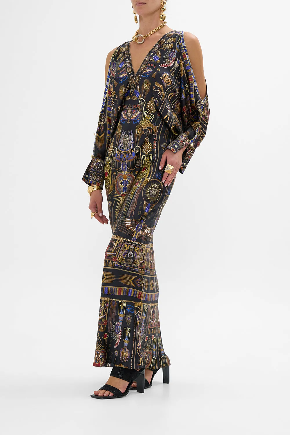 PLUNGE NECK DRAPED SHOULDER DRESS CARTOUCHE KINGDOM