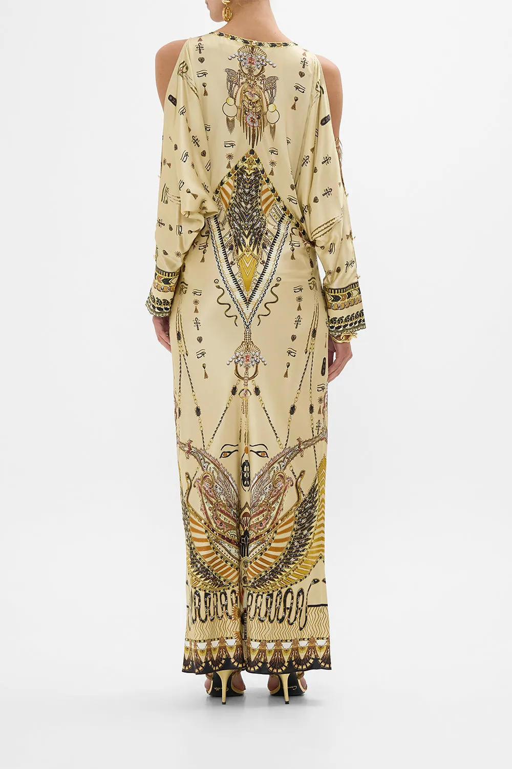 PLUNGE NECK DRAPED SHOULDER DRESS GATEWAY TO THE AFTERLIFE