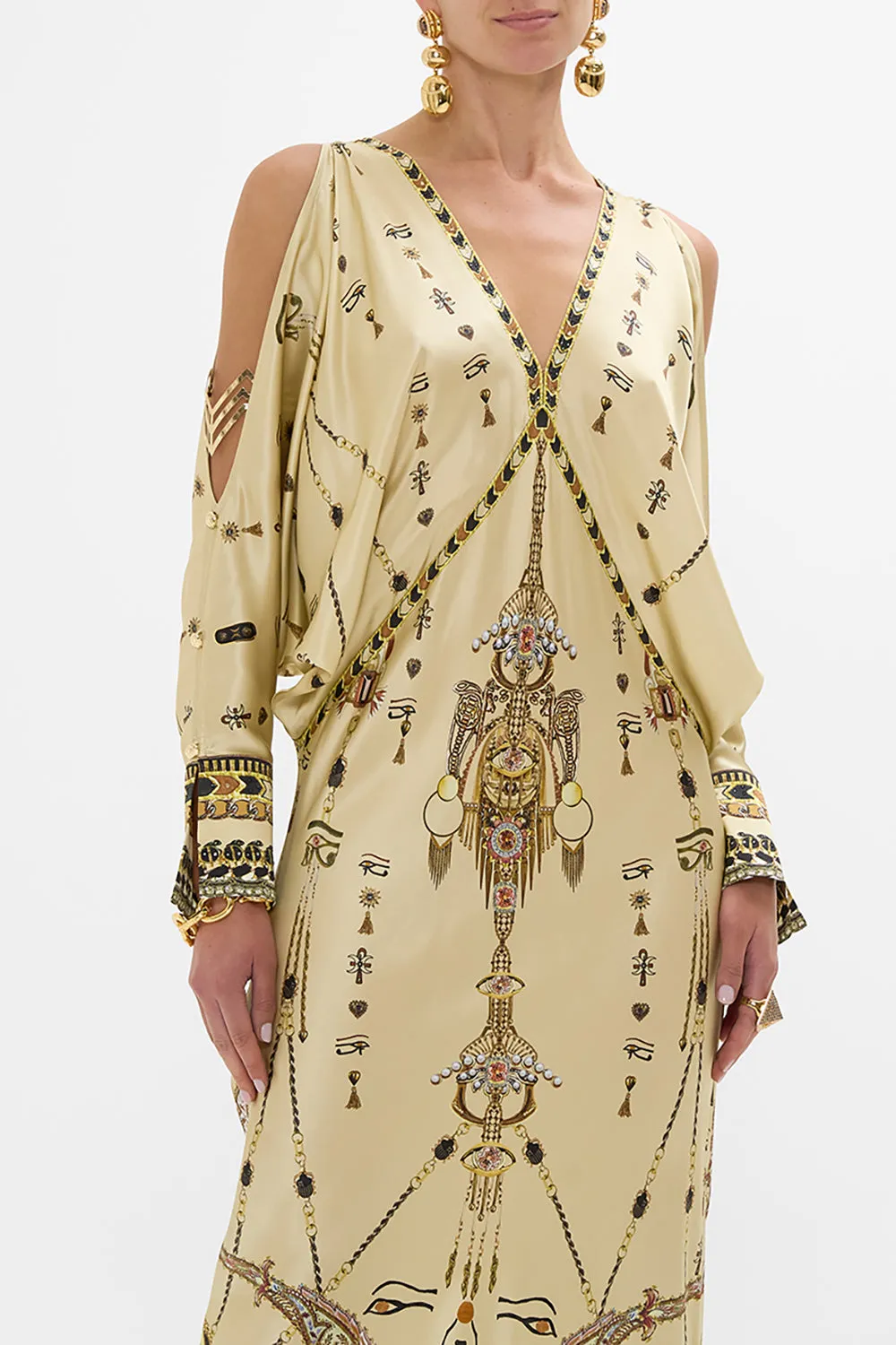 PLUNGE NECK DRAPED SHOULDER DRESS GATEWAY TO THE AFTERLIFE