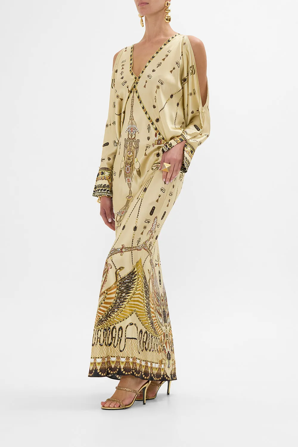 PLUNGE NECK DRAPED SHOULDER DRESS GATEWAY TO THE AFTERLIFE