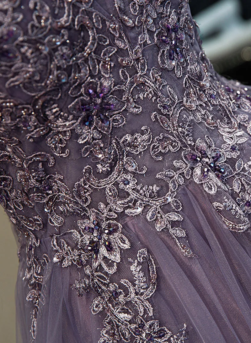 Purple Spaghetti Strap Tulle Lace Long Prom Dress, Purple Evening Party Dress