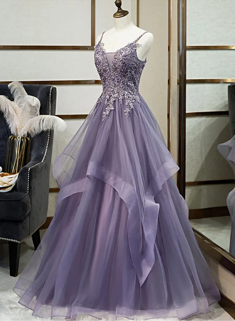 Purple Spaghetti Strap Tulle Lace Long Prom Dress, Purple Evening Party Dress