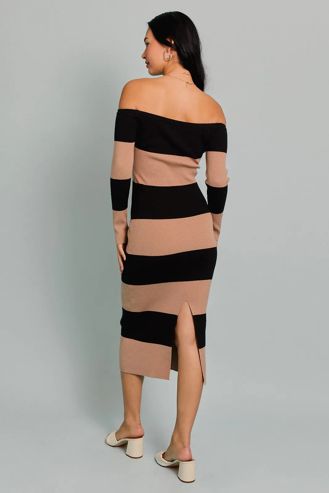 "Fall Cocktail" Black & Beige Off The Shoulder Long Sleeve Sweater Maxi Dress