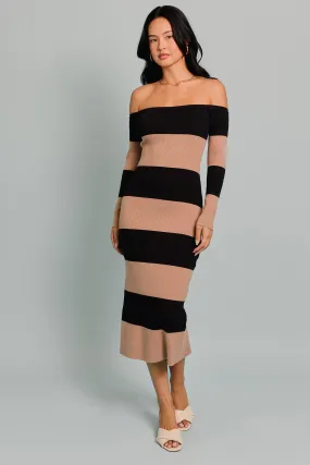 "Fall Cocktail" Black & Beige Off The Shoulder Long Sleeve Sweater Maxi Dress