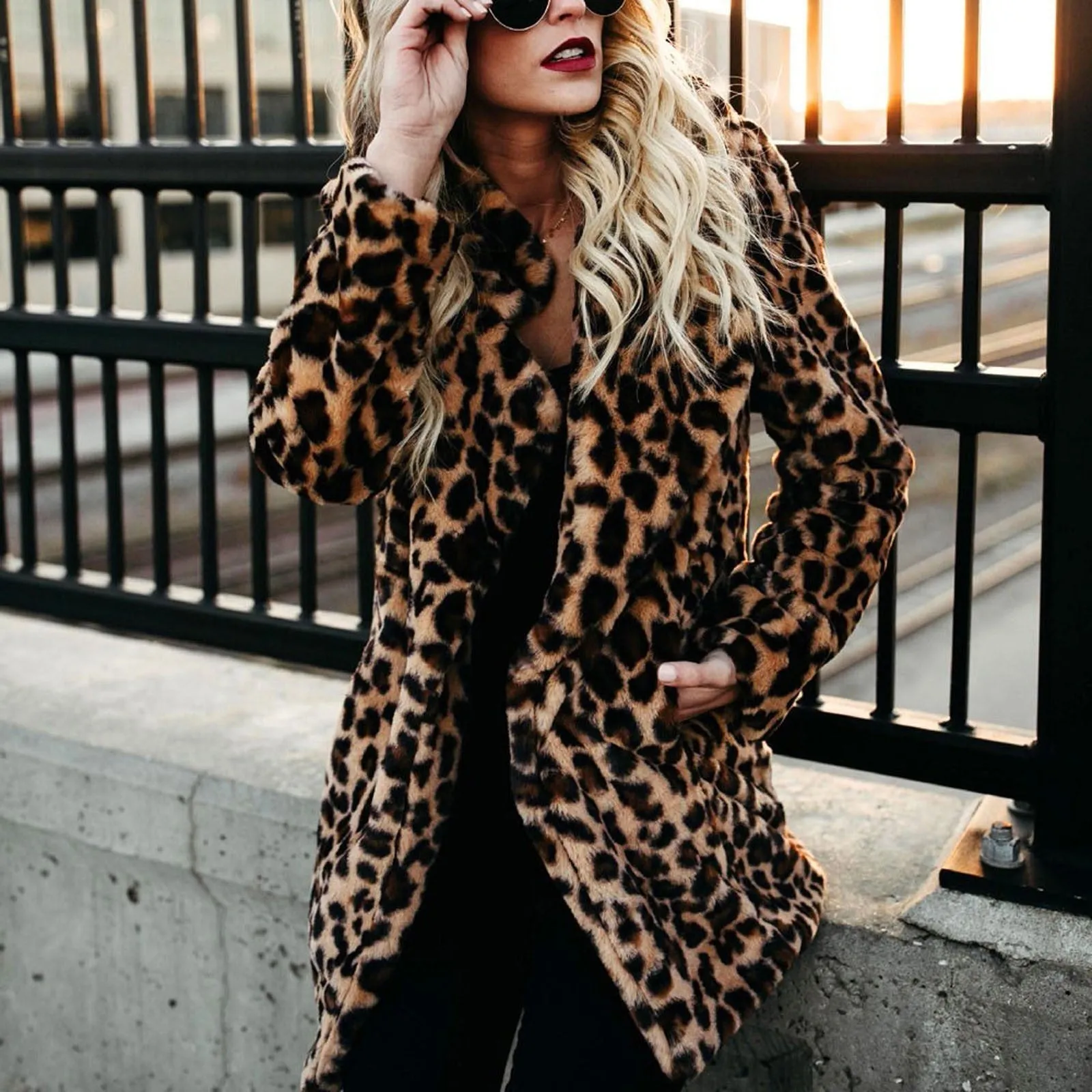 S, M, L, XL, XXL Leopard Faux-fur Long Sleeve Waistcoat Hoodie