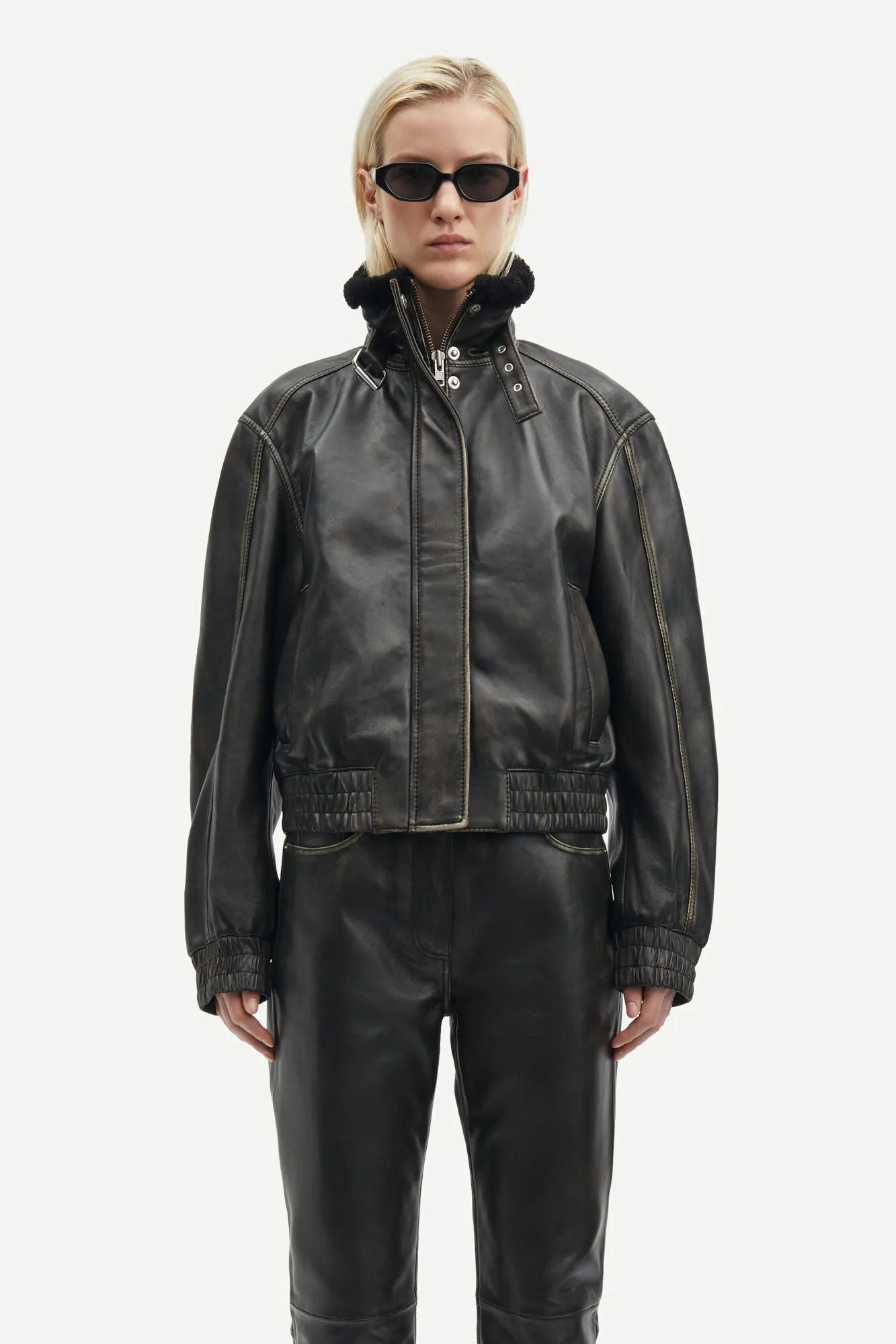 Samsoe Samsoe Sameadow Leather Bomber / Washed Black Olive