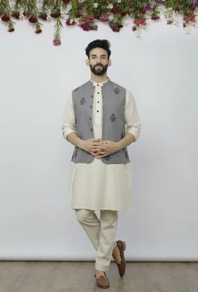 Set of 3 - Safeda Cotton Kurta & Pyjama with Grey Nehru Jacket