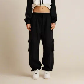 Solid Color Knit Cargo Pockets Sweat Joggers