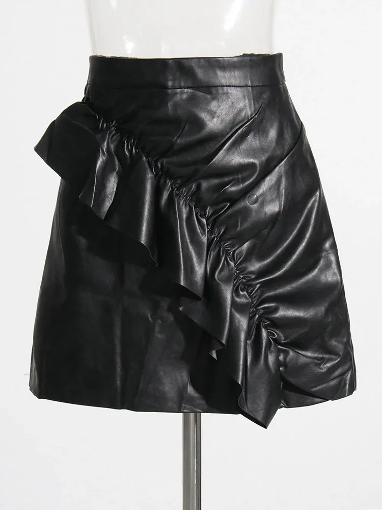 Solid Leather Two Piece Set For Women Lapel Long Sleeve Jacket High Waist Spliced Ruffles Bodycon Skirt Casual Sets Female