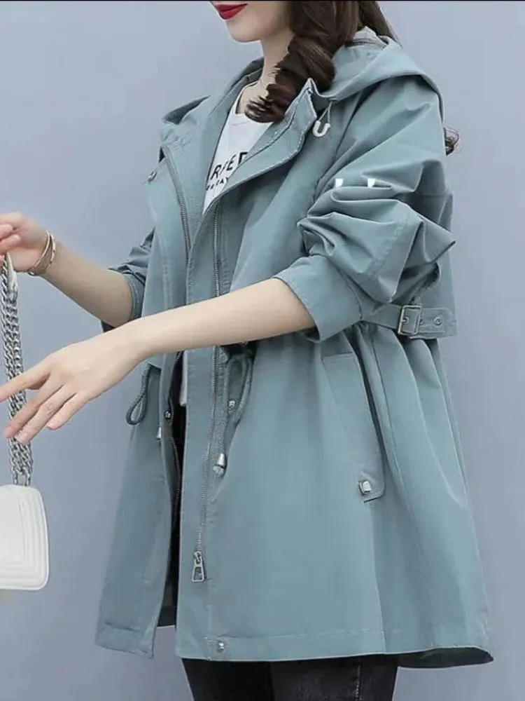 Spring and Autumn Women's Mid-length Trench Coat Hooded Zipper, British Style Loose Coats. Women's Clothing with Tie-In Jackets