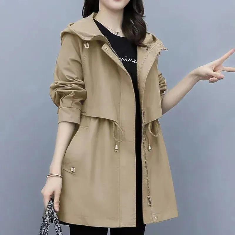Spring and Autumn Women's Mid-length Trench Coat Hooded Zipper, British Style Loose Coats. Women's Clothing with Tie-In Jackets