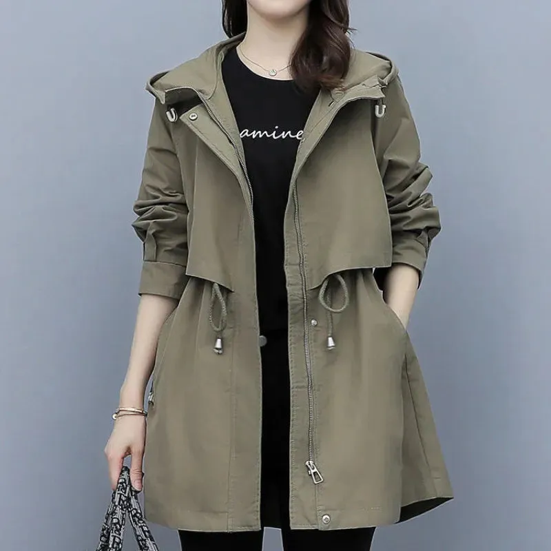 Spring and Autumn Women's Mid-length Trench Coat Hooded Zipper, British Style Loose Coats. Women's Clothing with Tie-In Jackets