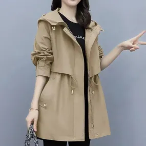 Spring and Autumn Women's Mid-length Trench Coat Hooded Zipper, British Style Loose Coats. Women's Clothing with Tie-In Jackets