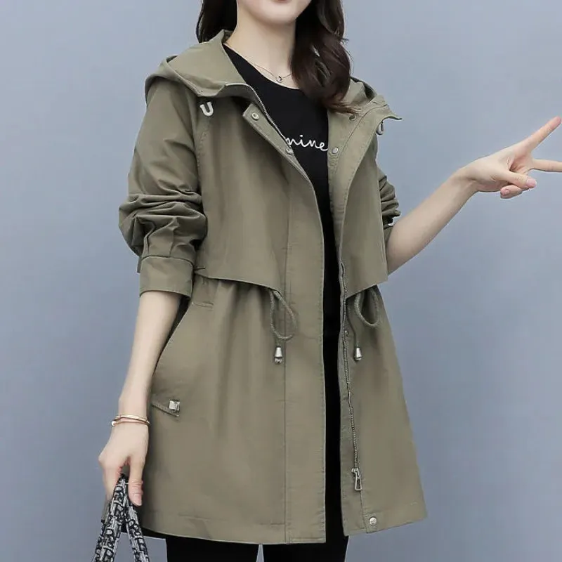 Spring and Autumn Women's Mid-length Trench Coat Hooded Zipper, British Style Loose Coats. Women's Clothing with Tie-In Jackets