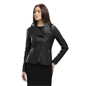 Stylish Collar Women's Black Bomber Leather Jacket