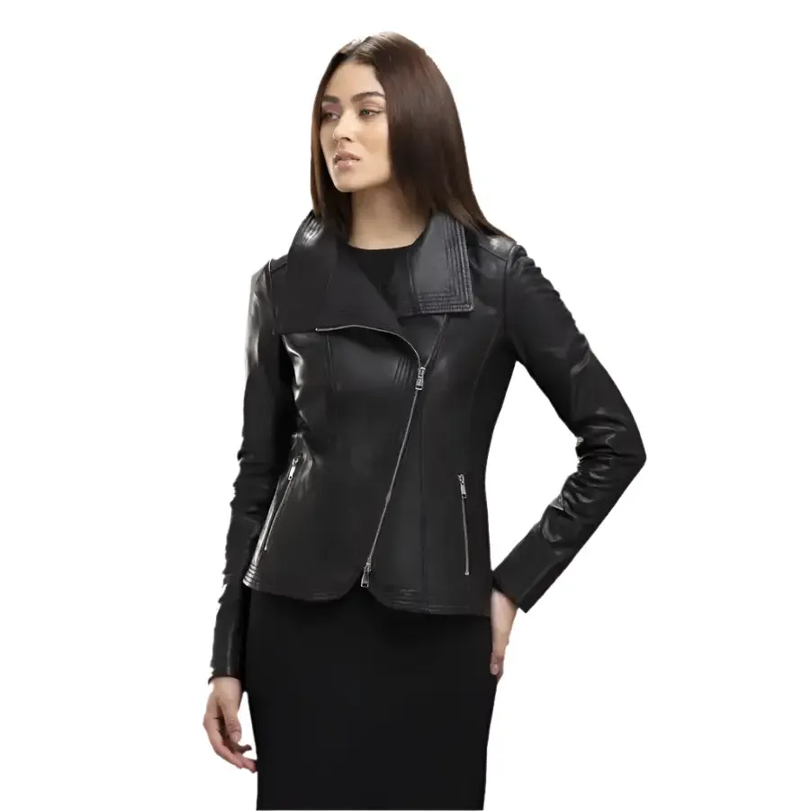 Stylish Collar Women's Black Bomber Leather Jacket
