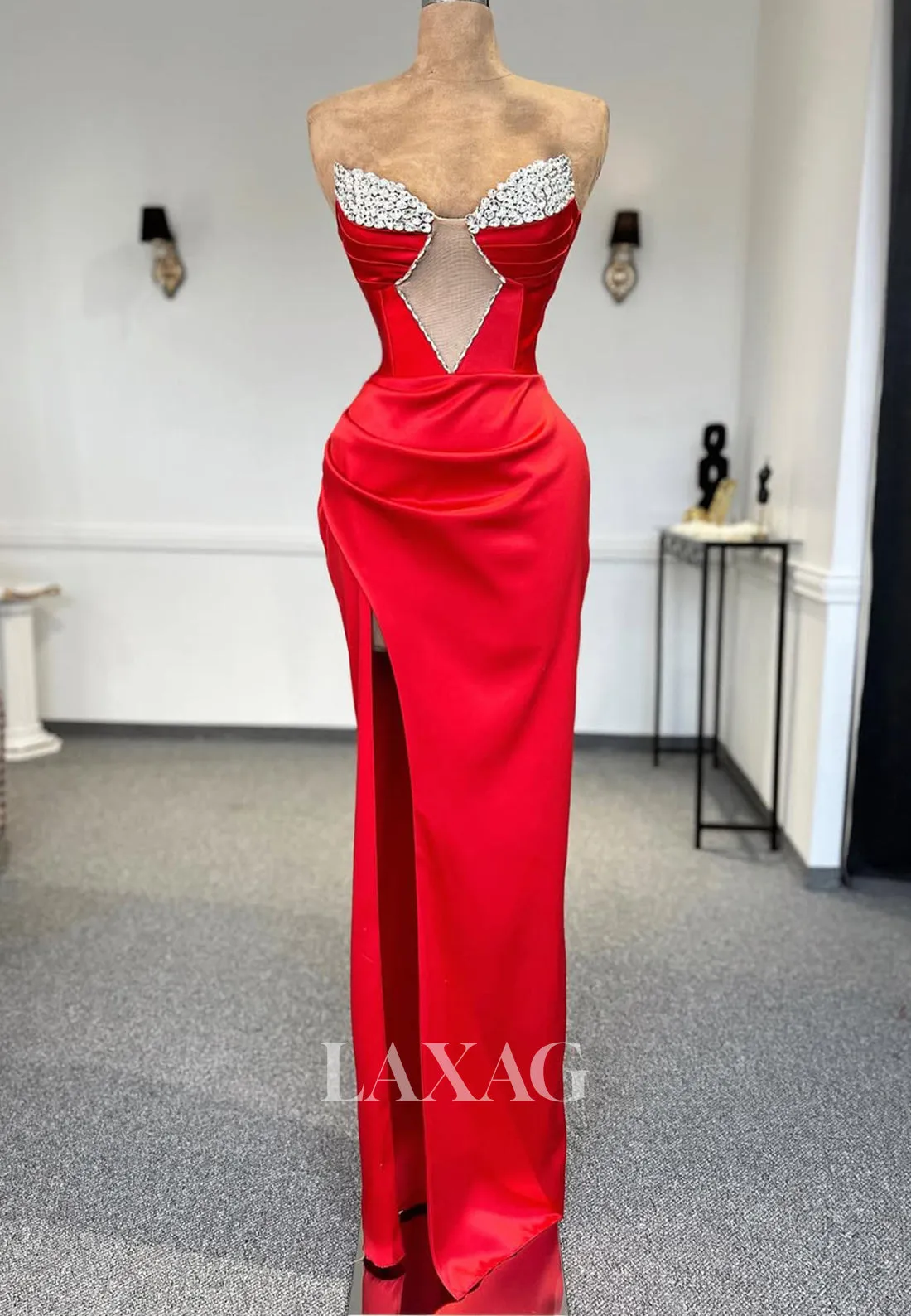 Sweetheart Sleeveless Pleated Floor-Length Party Gowns Rhinestone Mermaid Prom Dress with High Slit