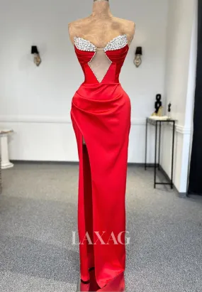 Sweetheart Sleeveless Pleated Floor-Length Party Gowns Rhinestone Mermaid Prom Dress with High Slit