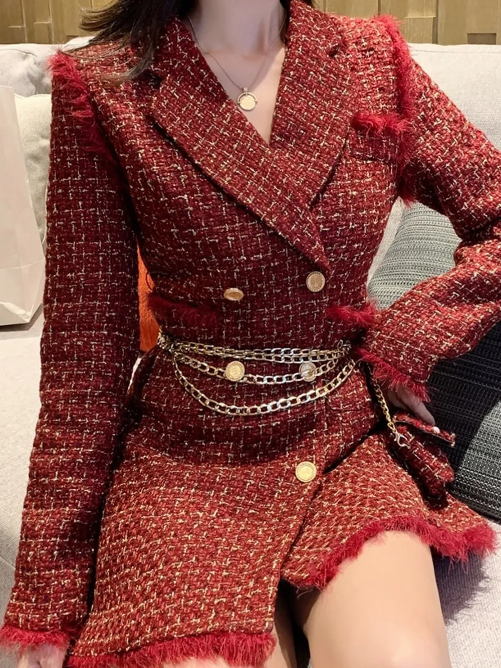Tweed Double Breasted Blazer Dress w/ Chain Belt Bag