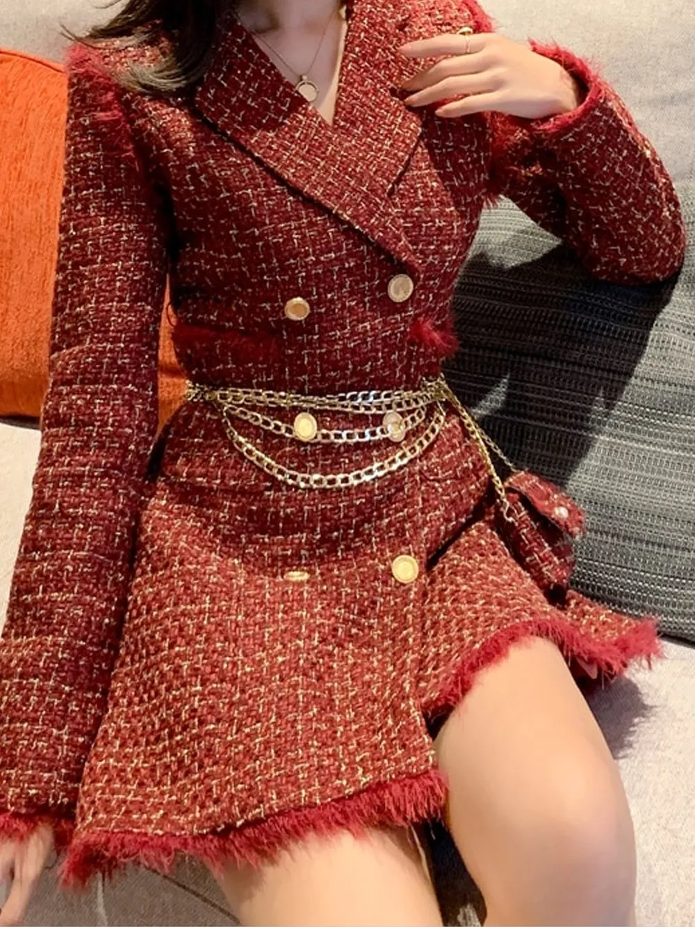 Tweed Double Breasted Blazer Dress w/ Chain Belt Bag