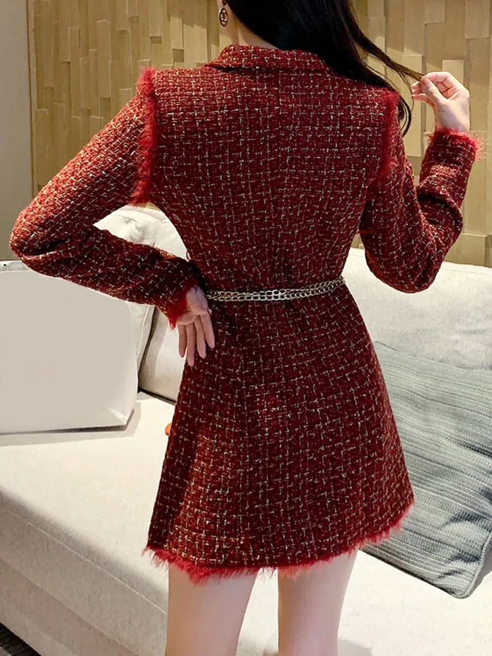 Tweed Double Breasted Blazer Dress w/ Chain Belt Bag