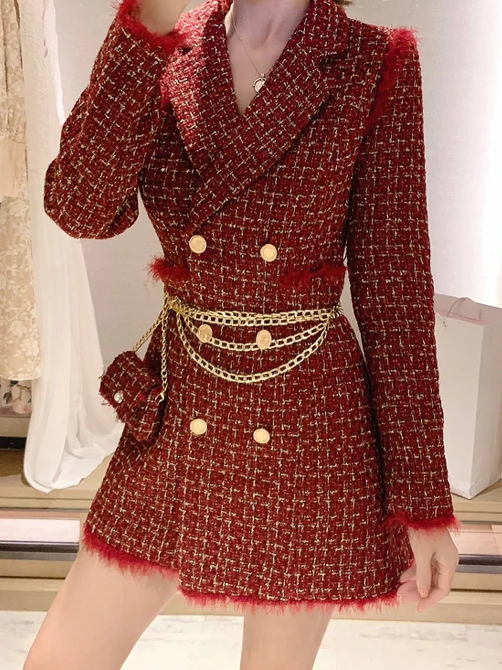 Tweed Double Breasted Blazer Dress w/ Chain Belt Bag