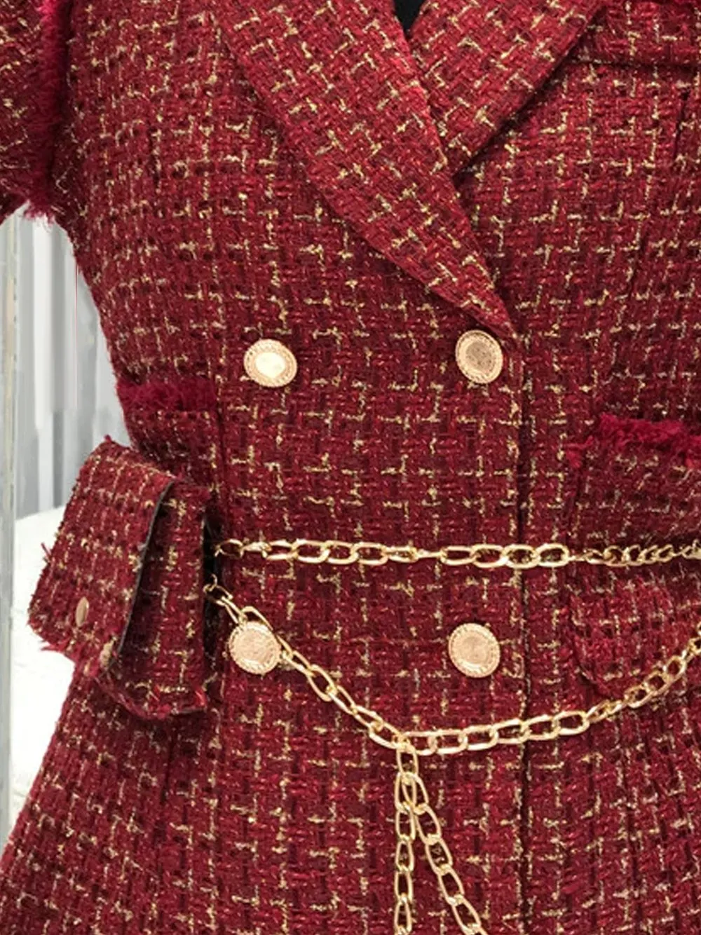 Tweed Double Breasted Blazer Dress w/ Chain Belt Bag