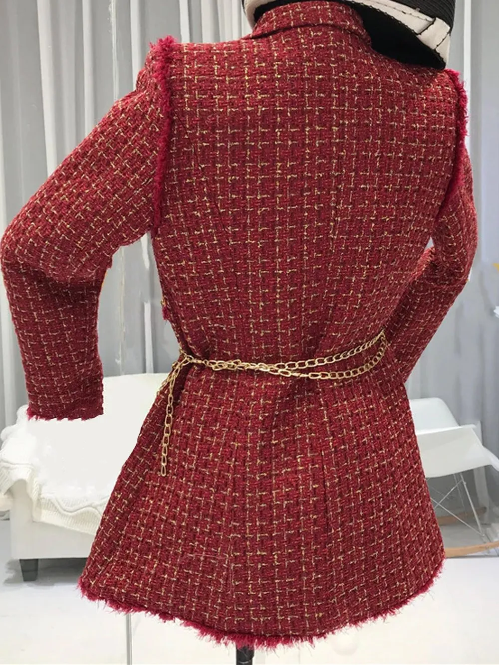Tweed Double Breasted Blazer Dress w/ Chain Belt Bag